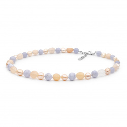  Šperky z perál a kameňov - Náhrdelník PERLA-MODRÝ ACHÁT-NEFRIT - ružovo modrý