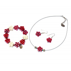 Šperky Murano Millefiori - Set DAISY - červeno - béžový