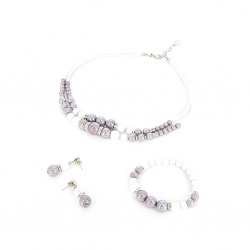 Šperky Murano Millefiori - Set ALEXIS - bielo -fialový, strieborný kov