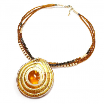 Šperky Murano Millefiori - Náhrdelník JULIANA - zlato-hnedo-biely