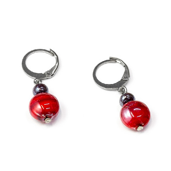 Šperky Murano Millefiori - Náušnice PERLA - červeno-šedé