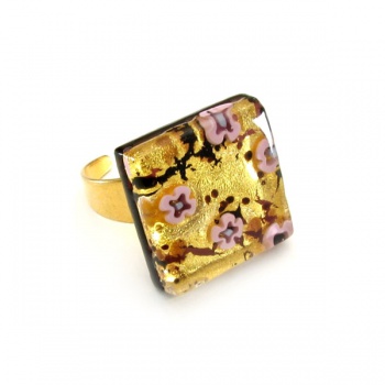 Šperky Murano Millefiori - Prsteň KATIA - zlato-fialový s kvetmi
