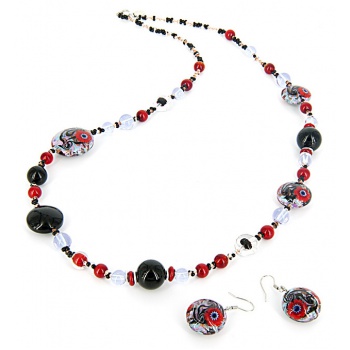 Šperky Murano Millefiori - Set ELECTRA - červeno - čierny